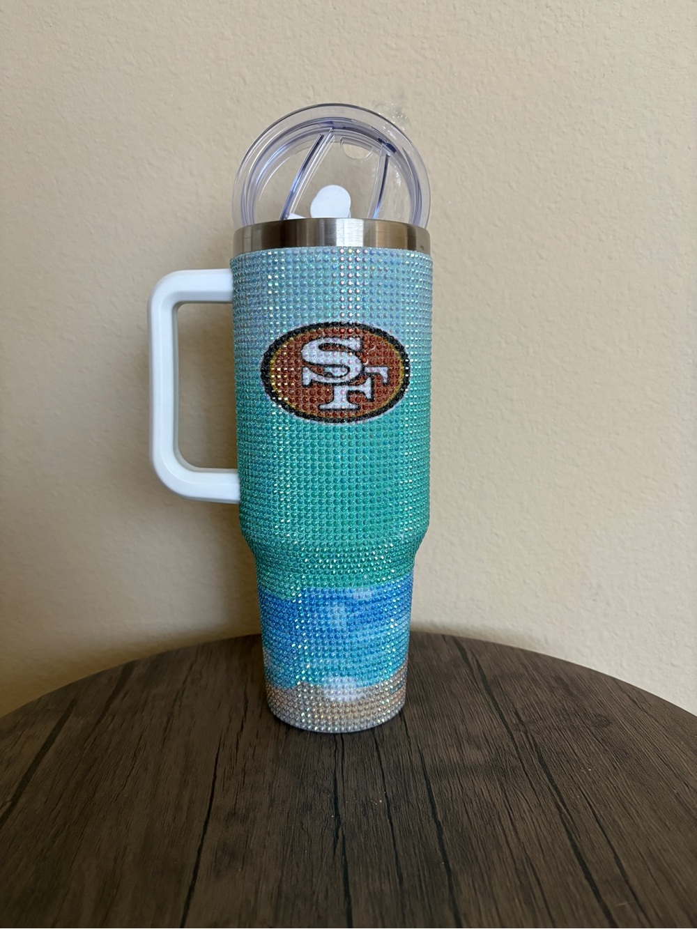 Custom Rhinestone Teal & Turquoise Travel Tumbler with SF Logo
